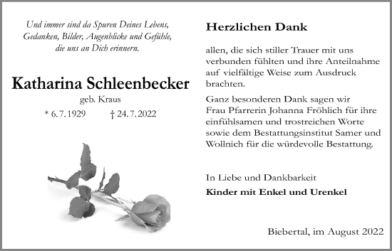 Traueranzeige von Katharina Schleenbecker von Giessener Allgemeine, Alsfelder Allgemeine