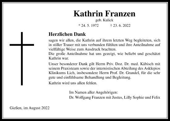 Traueranzeige von Kathrin Franzen von Giessener Allgemeine, Alsfelder Allgemeine, Giessener Anzeiger