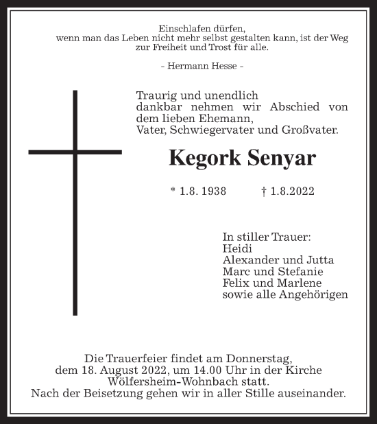 Traueranzeige von Kegork Senyar von Wetterauer Zeitung