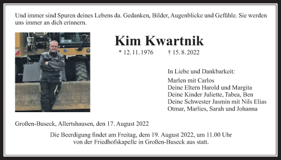 Traueranzeige von Kim Kwartnik von Giessener Allgemeine, Alsfelder Allgemeine