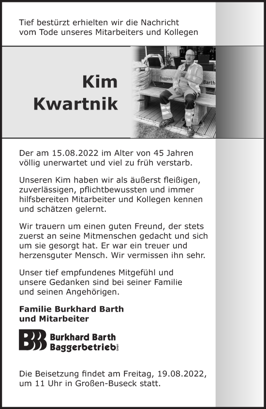 Traueranzeige von Kim Kwartnik von Alsfelder Allgemeine, Giessener Anzeiger, Giessener Allgemeine