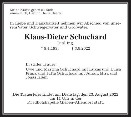 Traueranzeige von Klaus-Dieter Schuchard von Giessener Allgemeine, Alsfelder Allgemeine