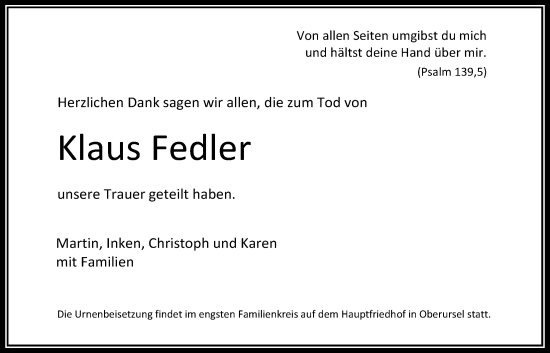 Traueranzeige von Klaus Fedler von Wetterauer Zeitung