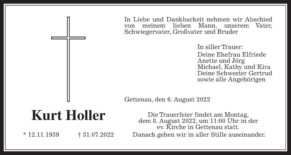  Traueranzeige für Kurt Holler vom 06.08.2022 aus Wetterauer Zeitung