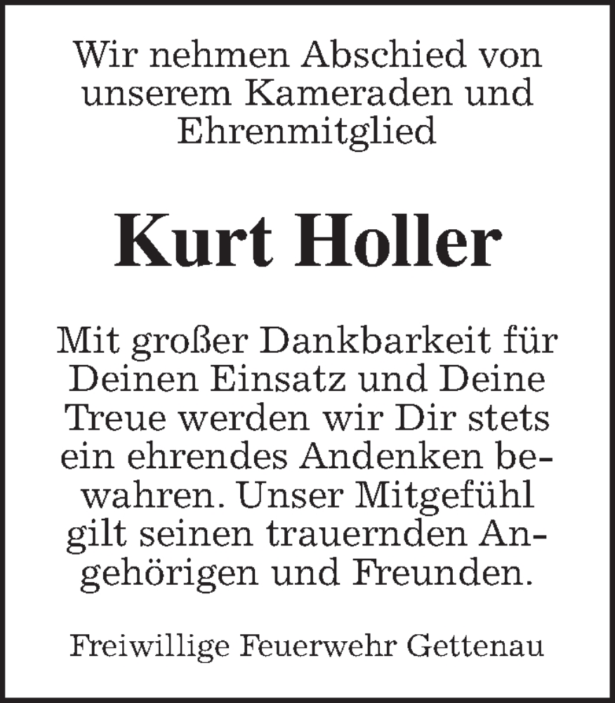  Traueranzeige für Kurt Holler vom 06.08.2022 aus Wetterauer Zeitung