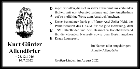 Traueranzeige von Kurt Günter Allendörfer von Giessener Allgemeine, Alsfelder Allgemeine, Giessener Anzeiger