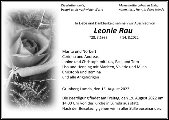 Traueranzeige von Leonie Rau von Giessener Anzeiger, Giessener Allgemeine, Alsfelder Allgemeine