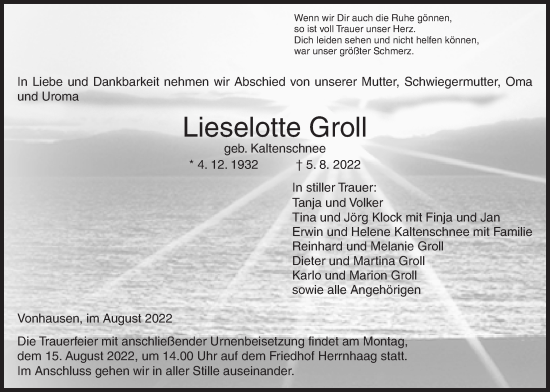 Traueranzeige von Lieselotte Groll von Kreis-Anzeiger