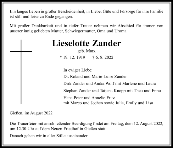 Traueranzeige von Lieselotte Zander von Giessener Allgemeine, Alsfelder Allgemeine, Giessener Anzeiger