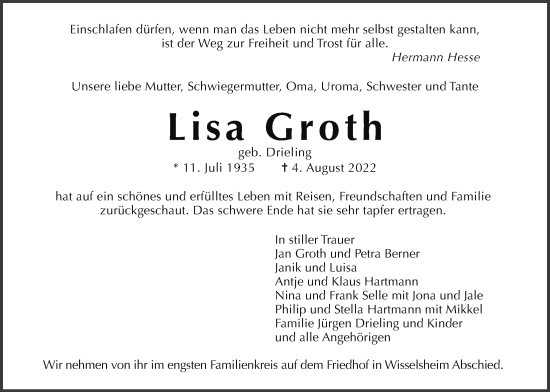 Traueranzeige von Lisa Groth von Wetterauer Zeitung