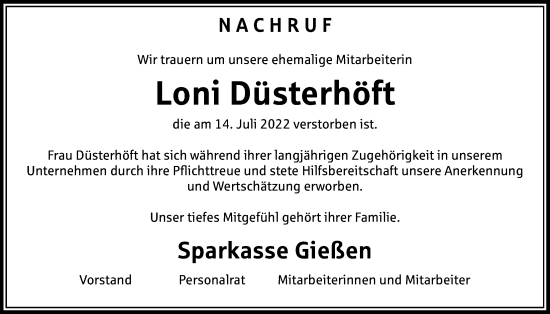 Traueranzeige von Loni Düsterhöft von Giessener Allgemeine, Alsfelder Allgemeine, Giessener Anzeiger