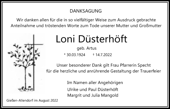 Traueranzeige von Loni Düsterhöft von Giessener Allgemeine, Alsfelder Allgemeine, Giessener Anzeiger
