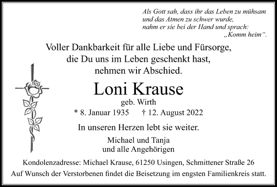 Traueranzeige von Loni Krause von Usinger Anzeiger