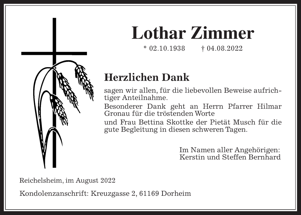  Traueranzeige für Lothar Zimmer vom 20.08.2022 aus Wetterauer Zeitung