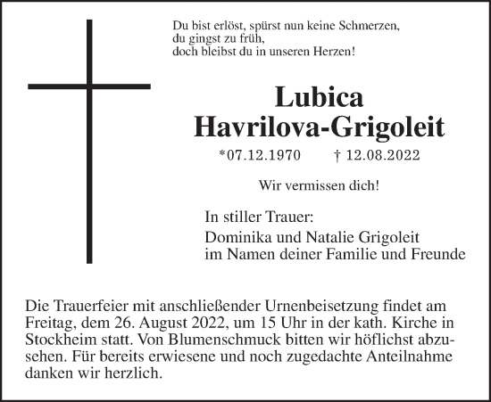 Traueranzeige von Lubica Havrilova-Grigoleit von Kreis-Anzeiger