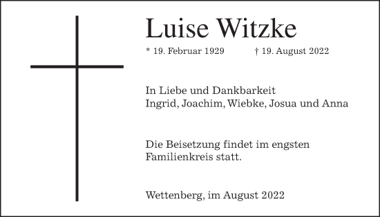 Traueranzeige von Luise Witzke von Giessener Allgemeine, Alsfelder Allgemeine, Giessener Anzeiger