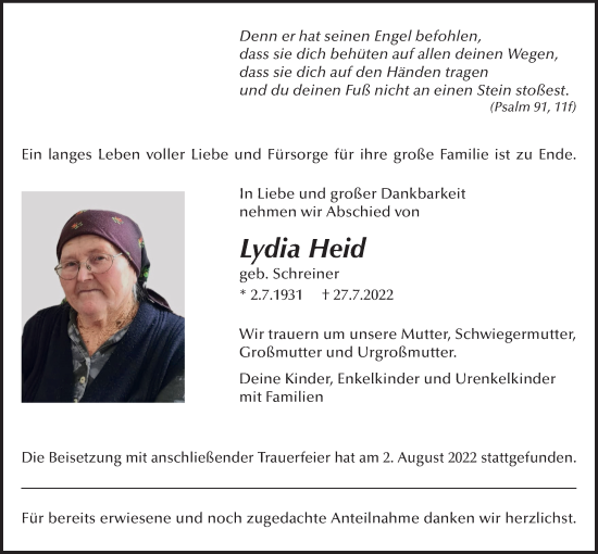 Traueranzeige von Lydia Heid von Licher Wochenblatt