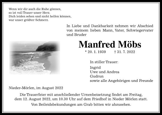Traueranzeige von Manfred Möbs von Wetterauer Zeitung