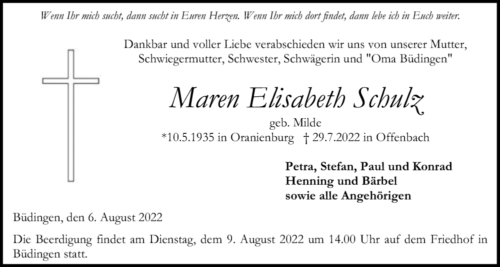  Traueranzeige für Maren Elisabeth Schulz vom 06.08.2022 aus Wetterauer Zeitung