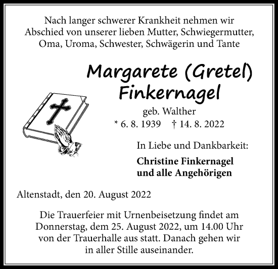 Traueranzeige von Margarete Finkernagel von Kreis-Anzeiger