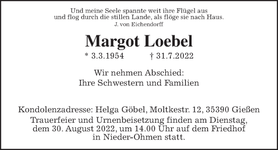 Traueranzeige von Margot Loebel von Alsfelder Allgemeine