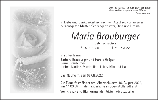 Traueranzeige von Maria Brauburger von Wetterauer Zeitung