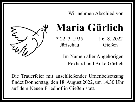 Traueranzeige von Maria Gürlich von Giessener Anzeiger, Giessener Allgemeine, Alsfelder Allgemeine