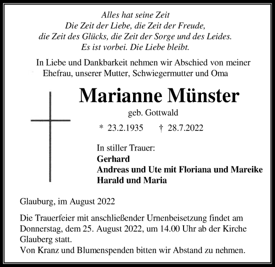 Traueranzeige von Marianne Münster von Kreis-Anzeiger