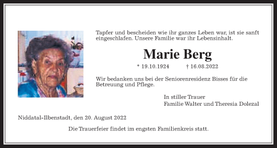 Traueranzeige von Marie Berg von Wetterauer Zeitung