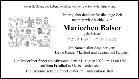 Traueranzeige von Mariechen Balser von Giessener Allgemeine, Alsfelder Allgemeine, Giessener Anzeiger
