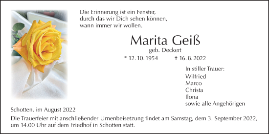 Traueranzeige von Marita Geiß von Kreis-Anzeiger