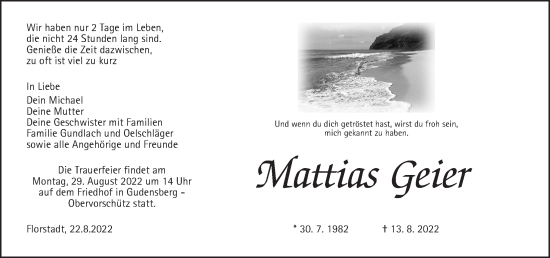 Traueranzeige von Mattias Geier von Wetterauer Zeitung