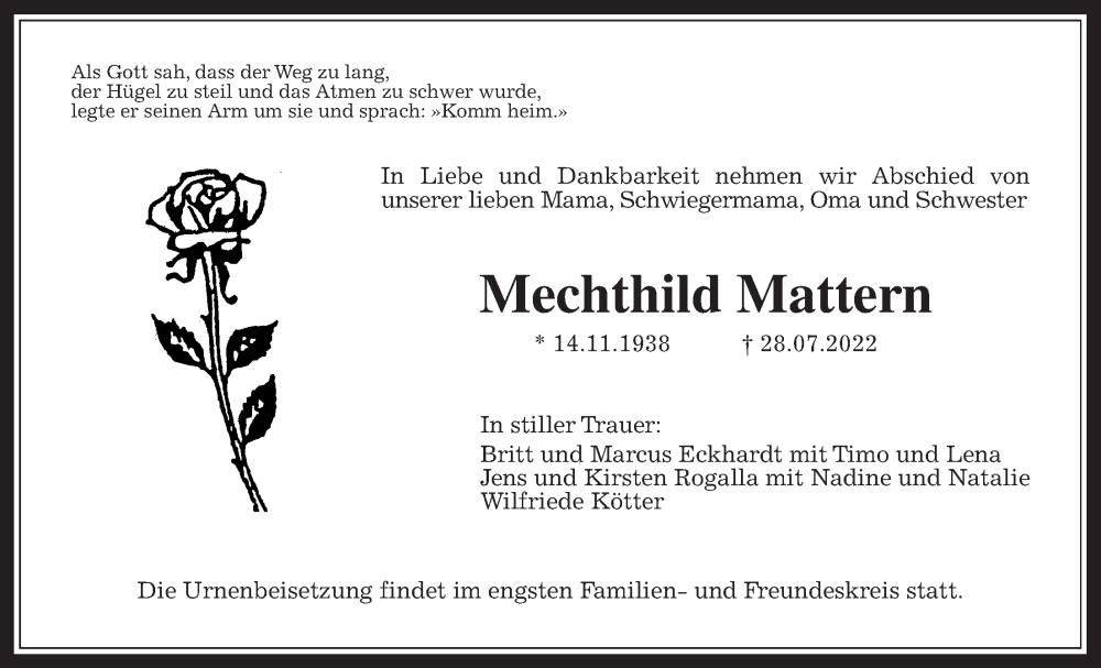  Traueranzeige für Mechthild Mattern vom 06.08.2022 aus Bad Vilbel/Karben, Wetterauer Zeitung