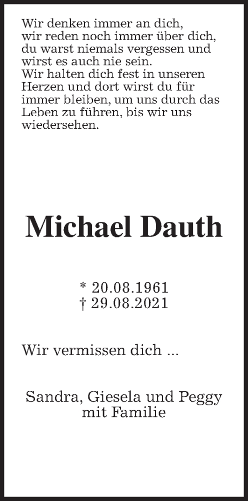Traueranzeige von Michael Dauth von Wetterauer Zeitung