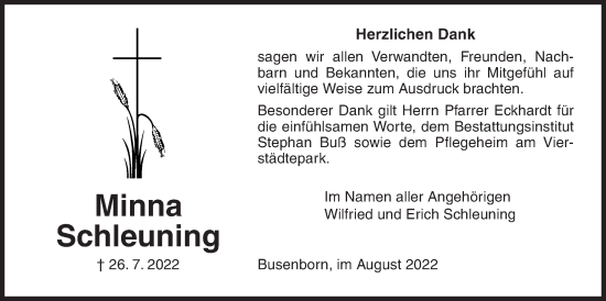 Traueranzeige von Minna Schleuning von Kreis-Anzeiger
