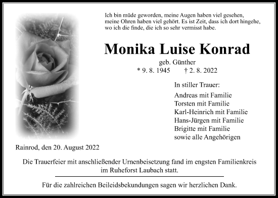 Traueranzeige von Monika Luise Konrad von Kreis-Anzeiger