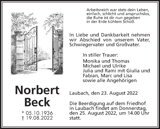 Traueranzeige von Norbert Beck von Giessener Allgemeine, Alsfelder Allgemeine, Laubacher Anzeiger