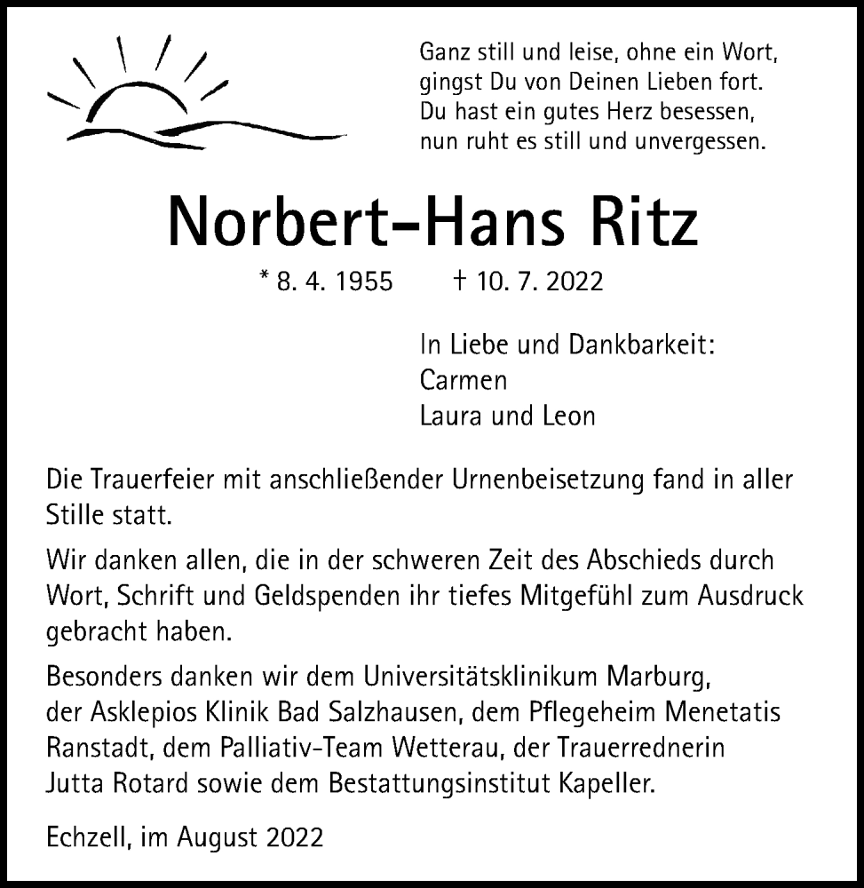  Traueranzeige für Norbert-Hans Ritz vom 06.08.2022 aus Wetterauer Zeitung