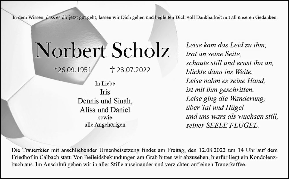  Traueranzeige für Norbert Scholz vom 06.08.2022 aus Kreis-Anzeiger