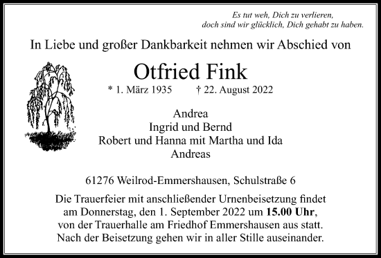 Traueranzeige von Otfried Fink von Usinger Anzeiger
