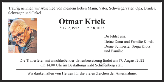 Traueranzeige von Otmar Krick von Giessener Allgemeine, Alsfelder Allgemeine