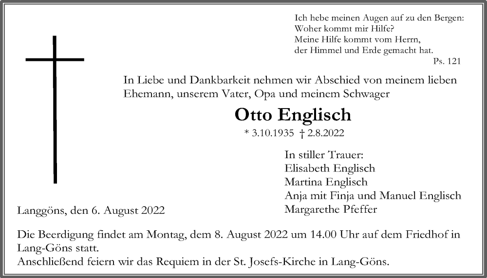  Traueranzeige für Otto Englisch vom 06.08.2022 aus Giessener Allgemeine, Alsfelder Allgemeine