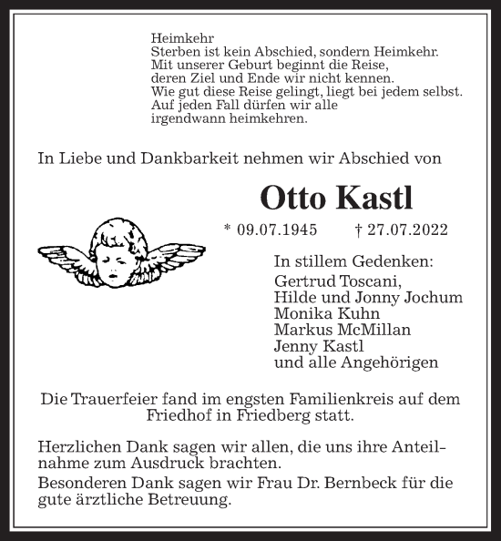 Traueranzeige von Otto Kastl von Wetterauer Zeitung