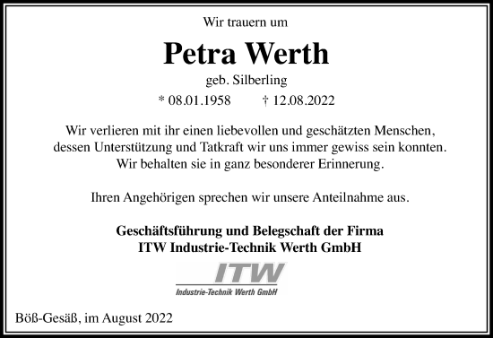Traueranzeige von Petra Werth von Kreis-Anzeiger