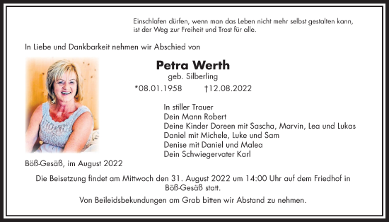 Traueranzeige von Petra Werth von Wetterauer Zeitung, Kreis-Anzeiger