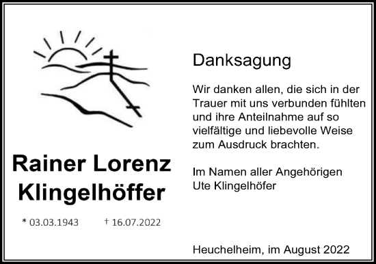 Traueranzeige von Rainer Lorenz Klingelhöffer von Giessener Allgemeine, Alsfelder Allgemeine, Giessener Anzeiger