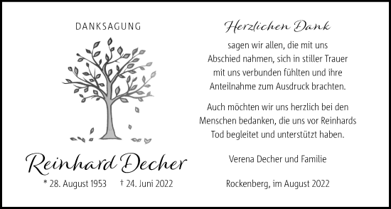 Traueranzeige von Reinhard Decher von Wetterauer Zeitung