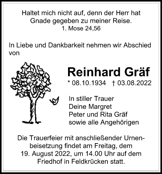 Traueranzeige von Reinhard Gräf von Giessener Allgemeine, Alsfelder Allgemeine