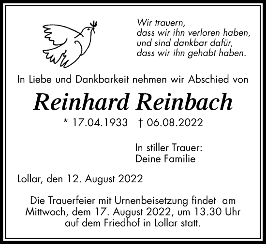 Traueranzeige von Reinhard Reinbach von Giessener Allgemeine, Alsfelder Allgemeine