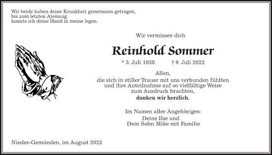 Traueranzeige von Reinhold Sommer von Alsfelder Allgemeine